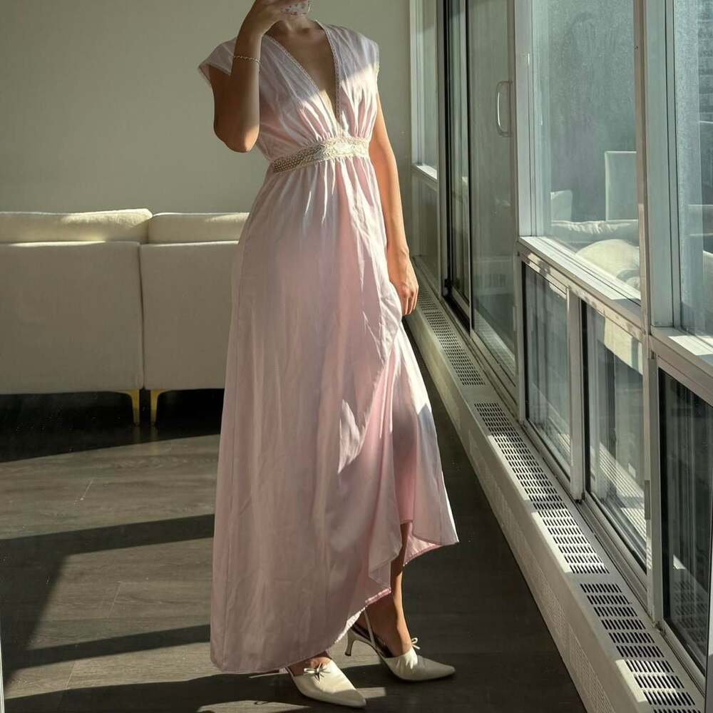 Vintage Baby Pink Lace Trim Maxi Dress - Fairycore Ballet Style - Picture 8 of 8